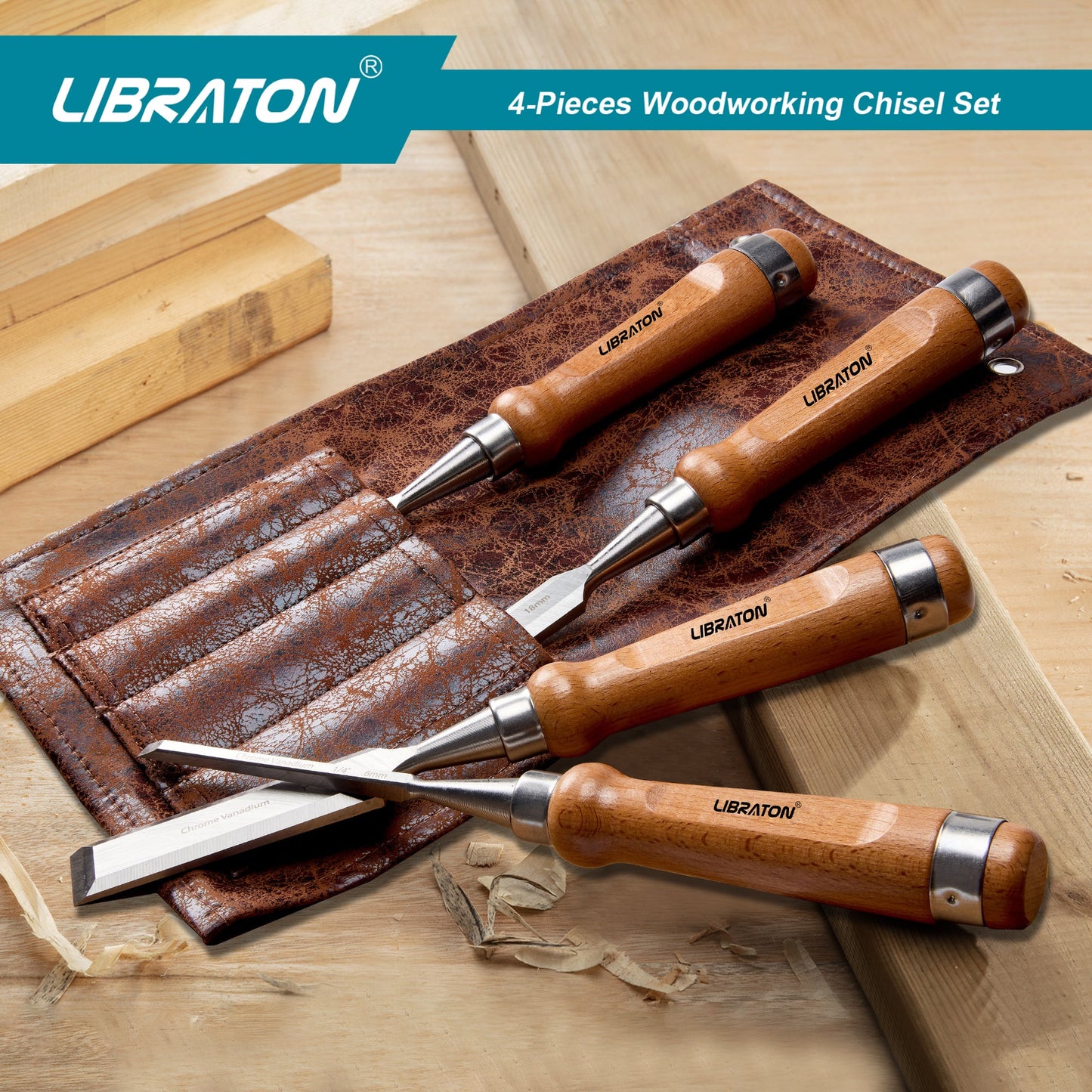 Libraton Chisel Set, 4PCS Wood Chisel Set with Bevel Edge and Ergonomic Handle for Woodworking, Wood Carving, and Sculpting