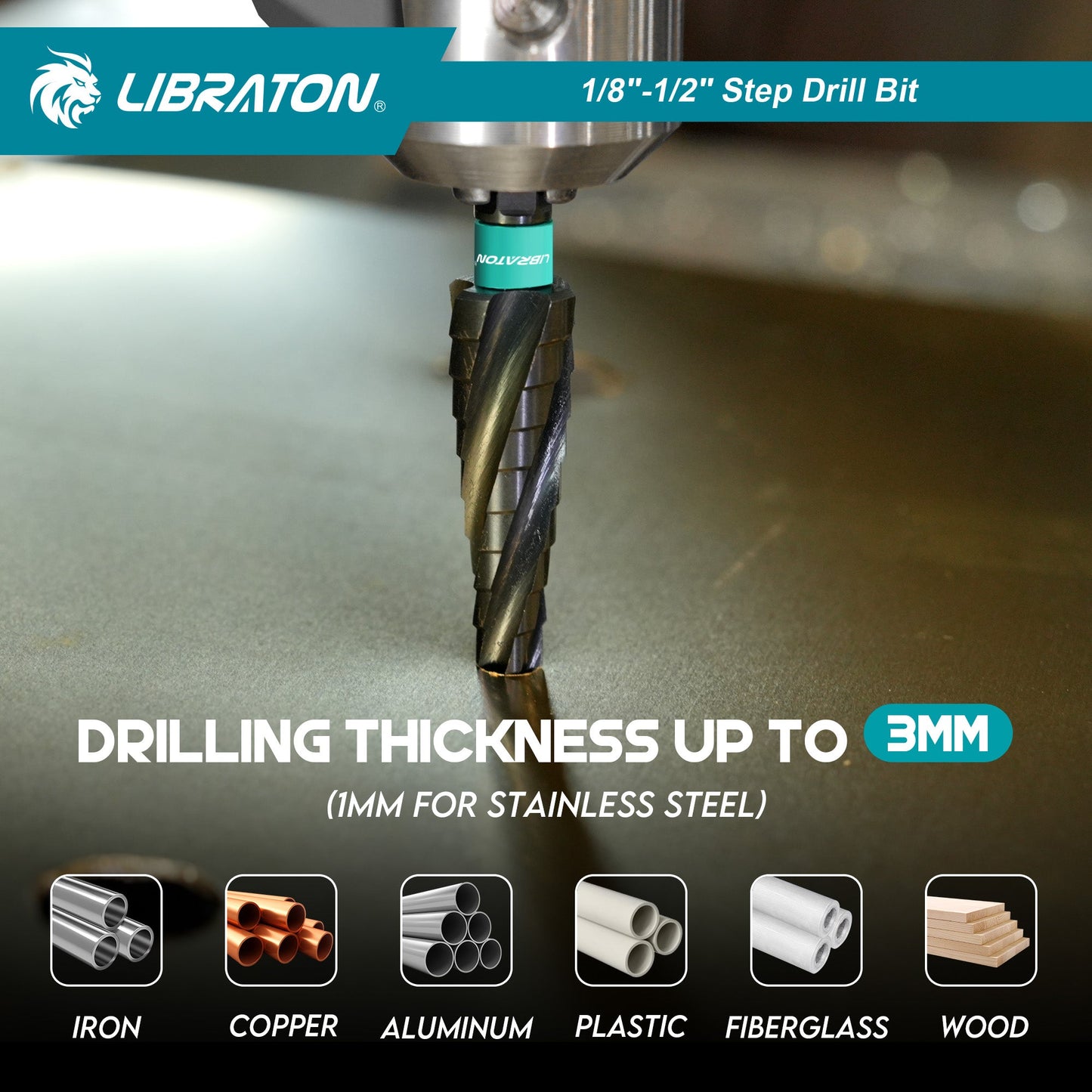 Libraton M35 Cobalt Step Drill Bit 1/8"-1/2", Four Spiral Flute Unibit