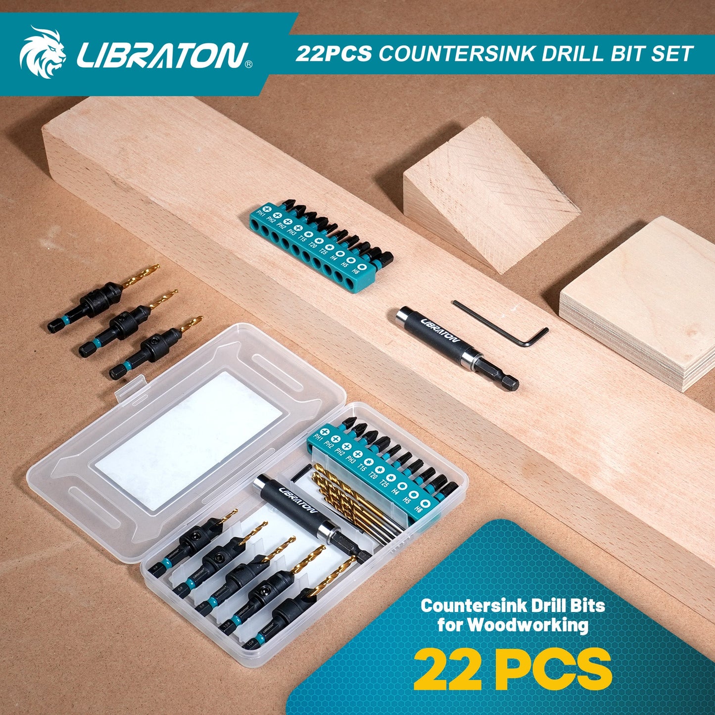 Libraton 22PCS Adjustable Countersink Drill Bit Set, #4 #6 #8 #10 #12