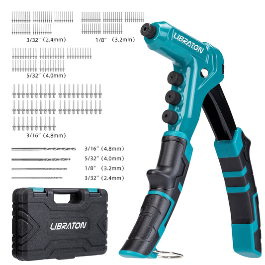 Libraton One-Handed Rivet Gun, Pop Rivet Gun Set, Professional Hand Riveter, Manual Riveting Tool with 200 Rivets for Metal, Includes 4 Drill Bits, 4 Tool-Free Interchangeable Heads, Storage Case
