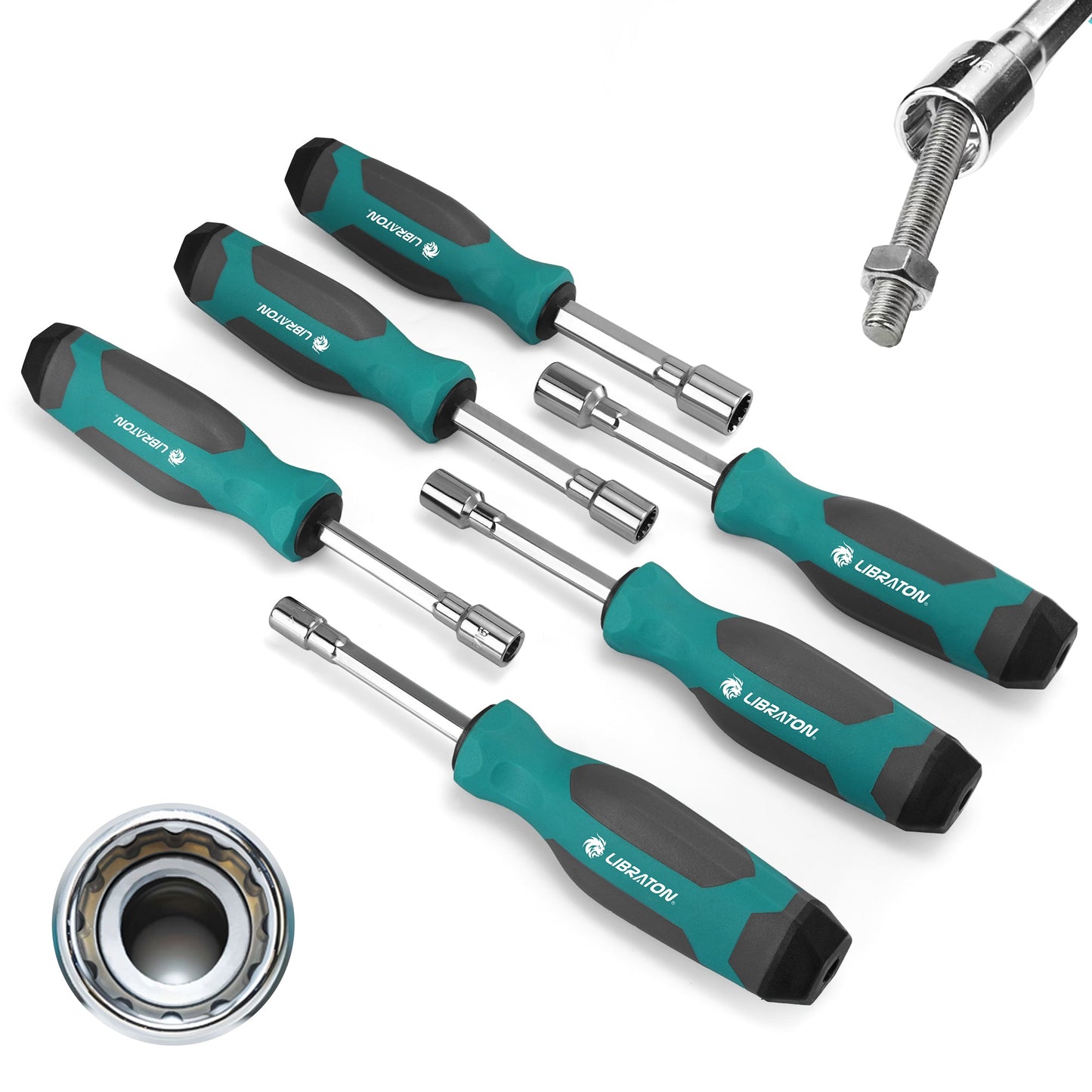 LIBRATON 6-Pc SAE Full-Hollow Nut Drivers – 12-Point Magnetic, 1/4" to 1/2" (6 Sizes), Long-Bolt Ready