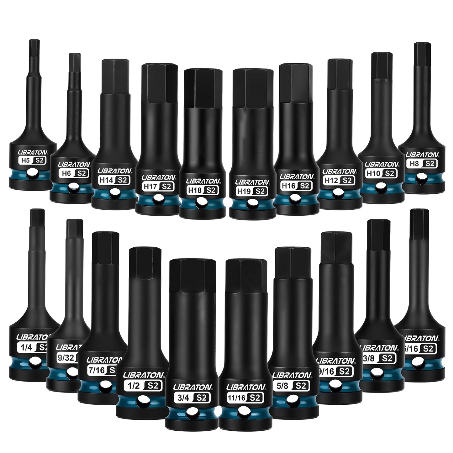 Libraton 20PCS 1/2" Drive Impact Hex Bit Socket Set, S2 Steel, Metric & SAE