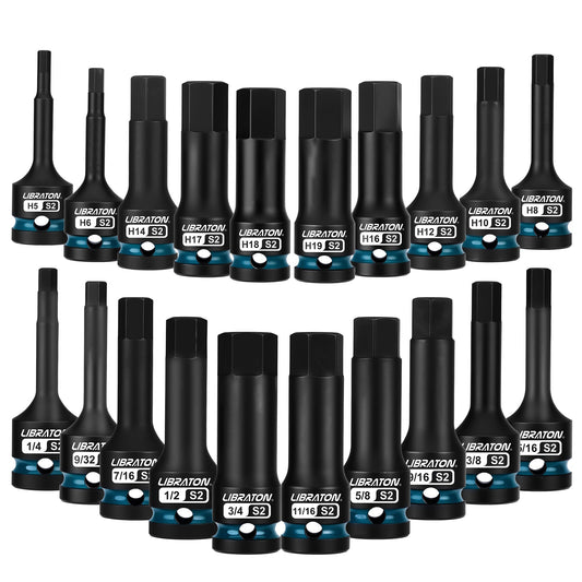 Libraton 20PCS 1/2" Drive Impact Hex Bit Socket Set, S2 Steel, Metric & SAE