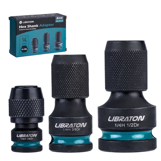 LIBRATON Impact Socket to 1/4" Hex Adapter Set – 1/2", 3/8", 1/4" Drive Converters