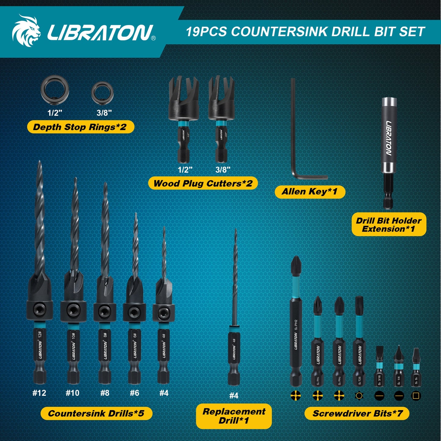 Libraton 19PCS Tapered Countersink Drill Bit Set for Woodworking
