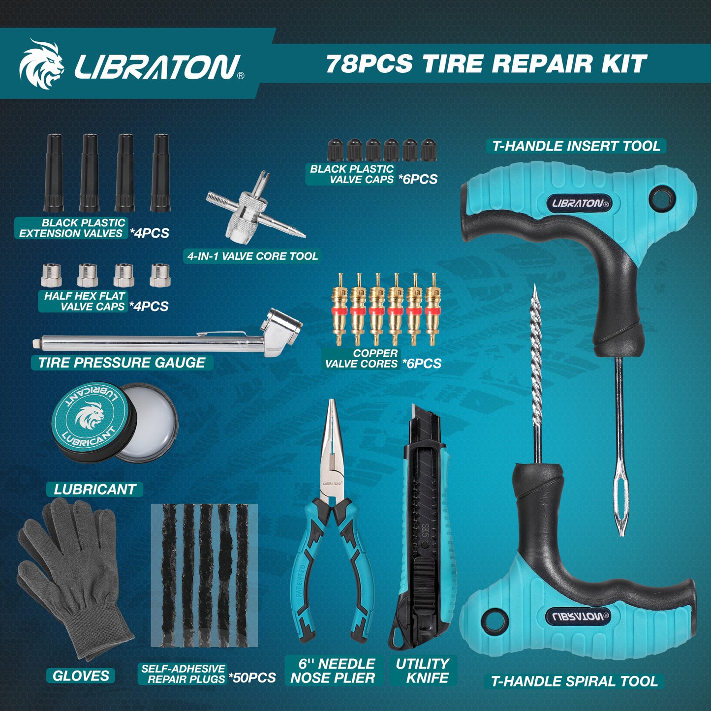 Libraton 78PCS Heavy-Duty Tire Repair Kit for Cars, Trucks, SUVs, ATVs & Motorcycles | Tubeless Tire Plug Kit