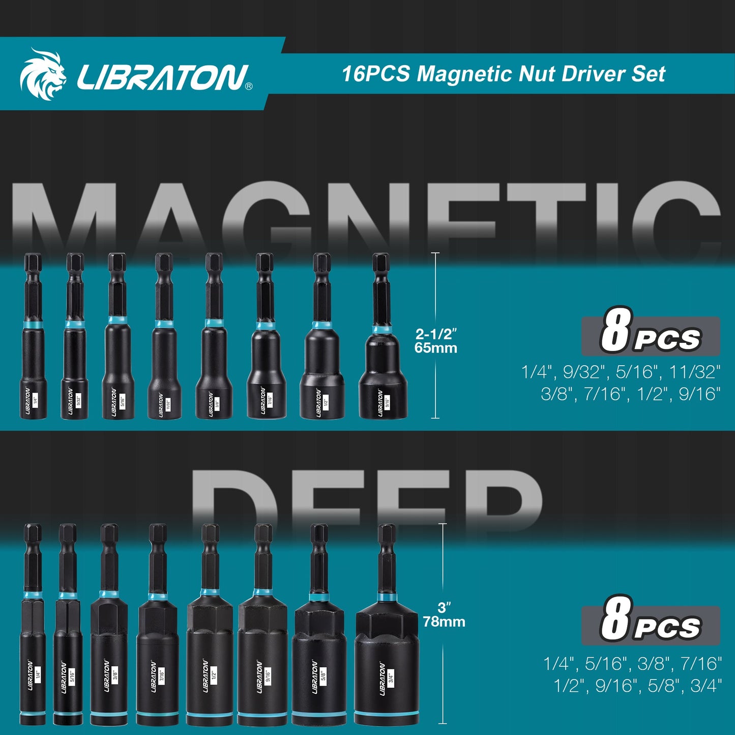 LIBRATON 16-Piece Magnetic Nut Driver Set, 1/4"-9/16" SAE&Metric, Car Repair Kit