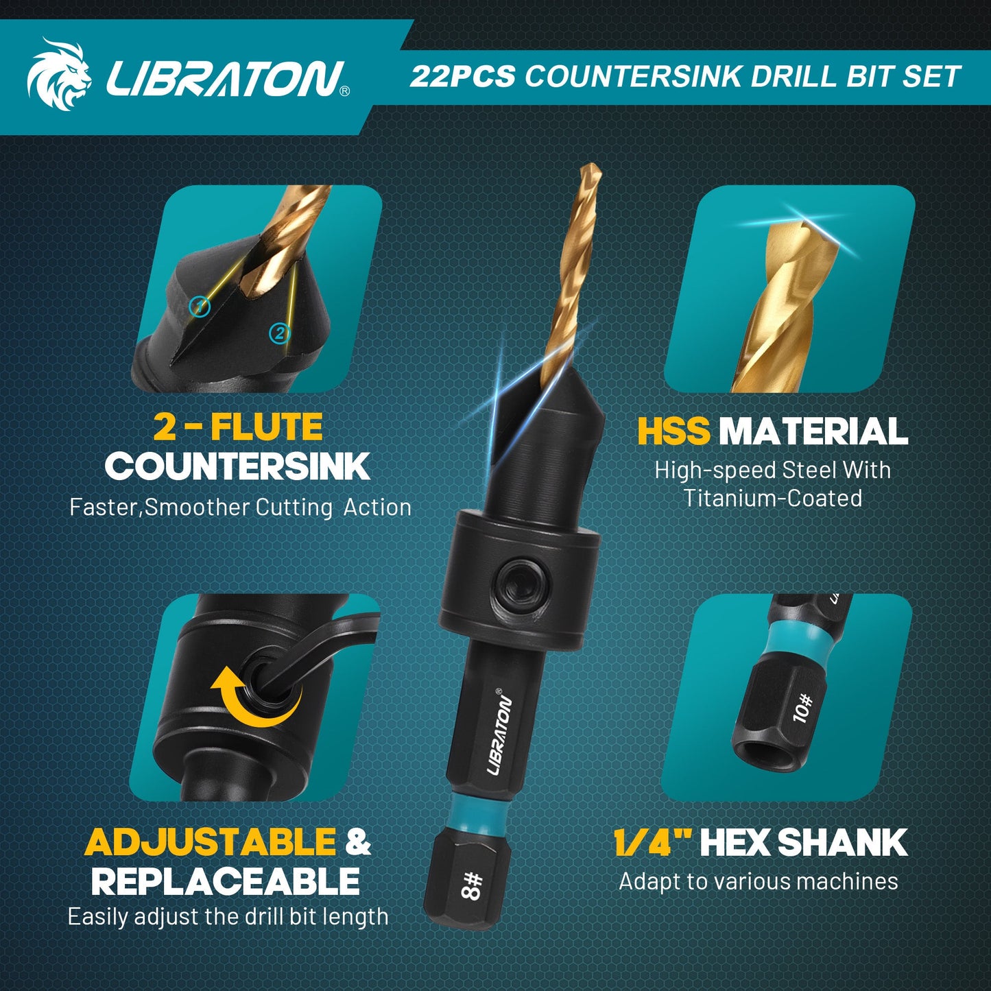 Libraton 22PCS Adjustable Countersink Drill Bit Set, #4 #6 #8 #10 #12