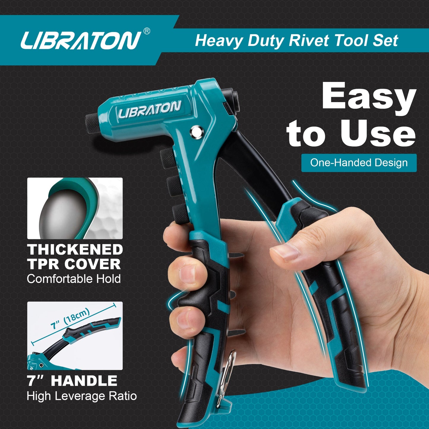 Libraton One-Handed Rivet Gun, Pop Rivet Gun Set, Professional Hand Riveter, Manual Riveting Tool with 200 Rivets for Metal, Includes 4 Drill Bits, 4 Tool-Free Interchangeable Heads, Storage Case