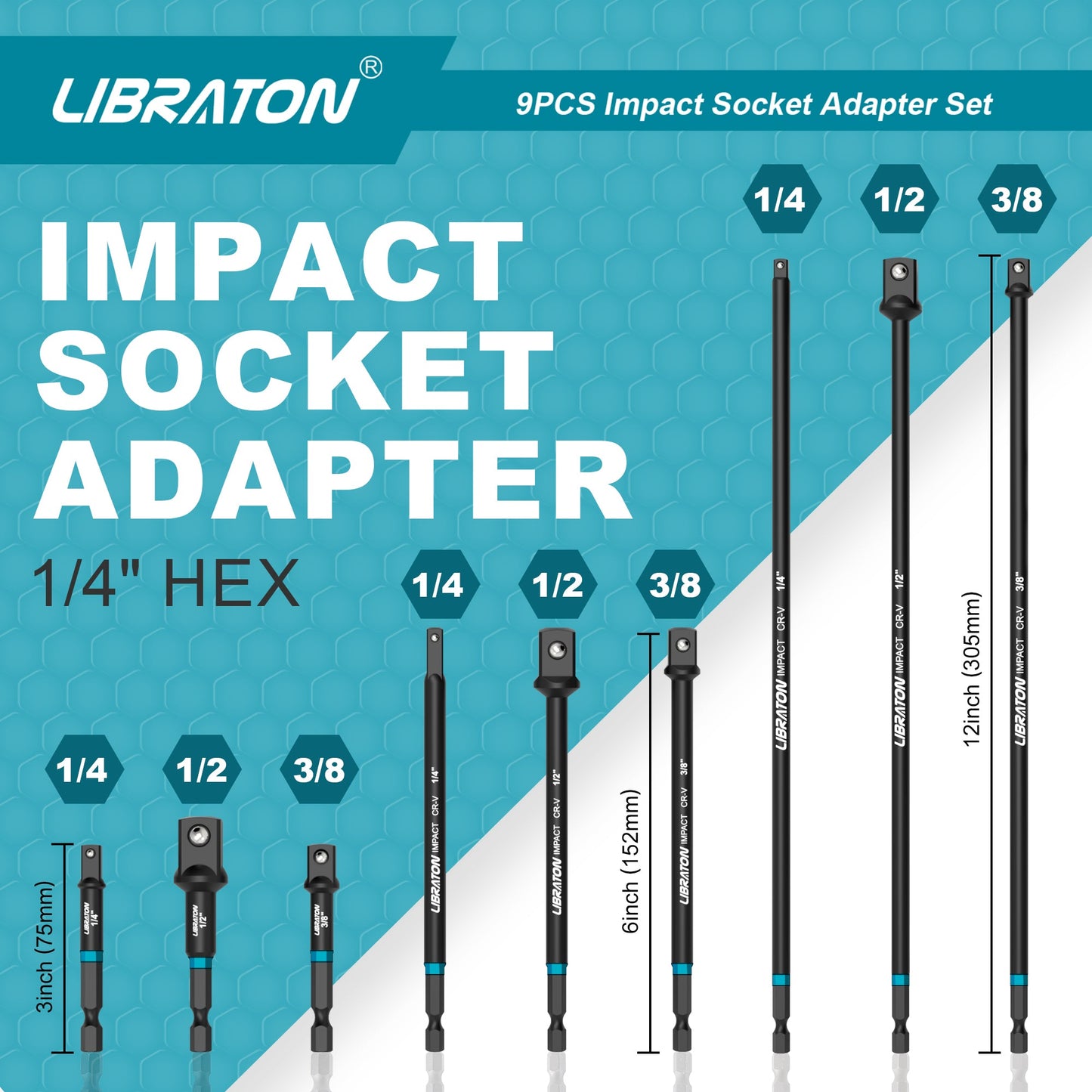 Libraton Impact Grade Socket Adapter Set, 3" 6" 12", Drill Socket Adapter Extension