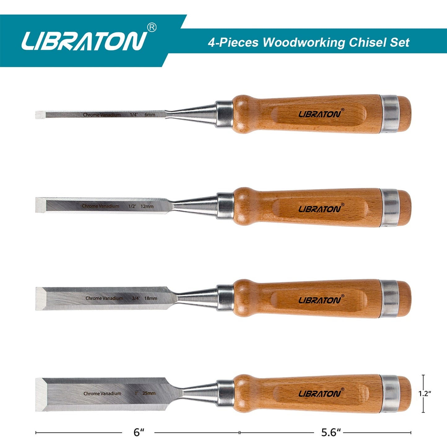 Libraton Chisel Set, 4PCS Wood Chisel Set with Bevel Edge and Ergonomic Handle for Woodworking, Wood Carving, and Sculpting