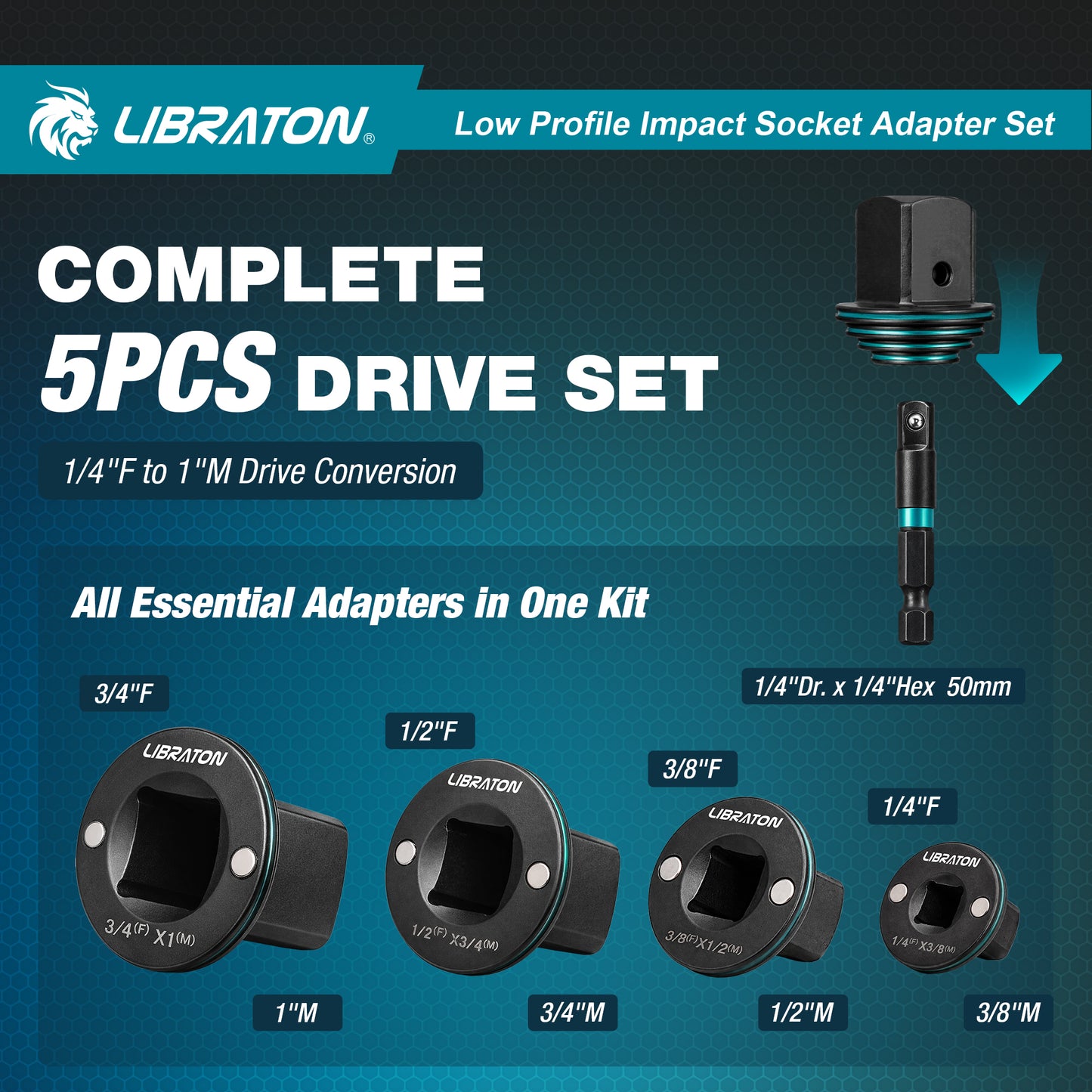 Libraton 5PCS Low Profile Impact Socket Adapter Set | Magnetic Drive Converter Kit for Tight Spaces
