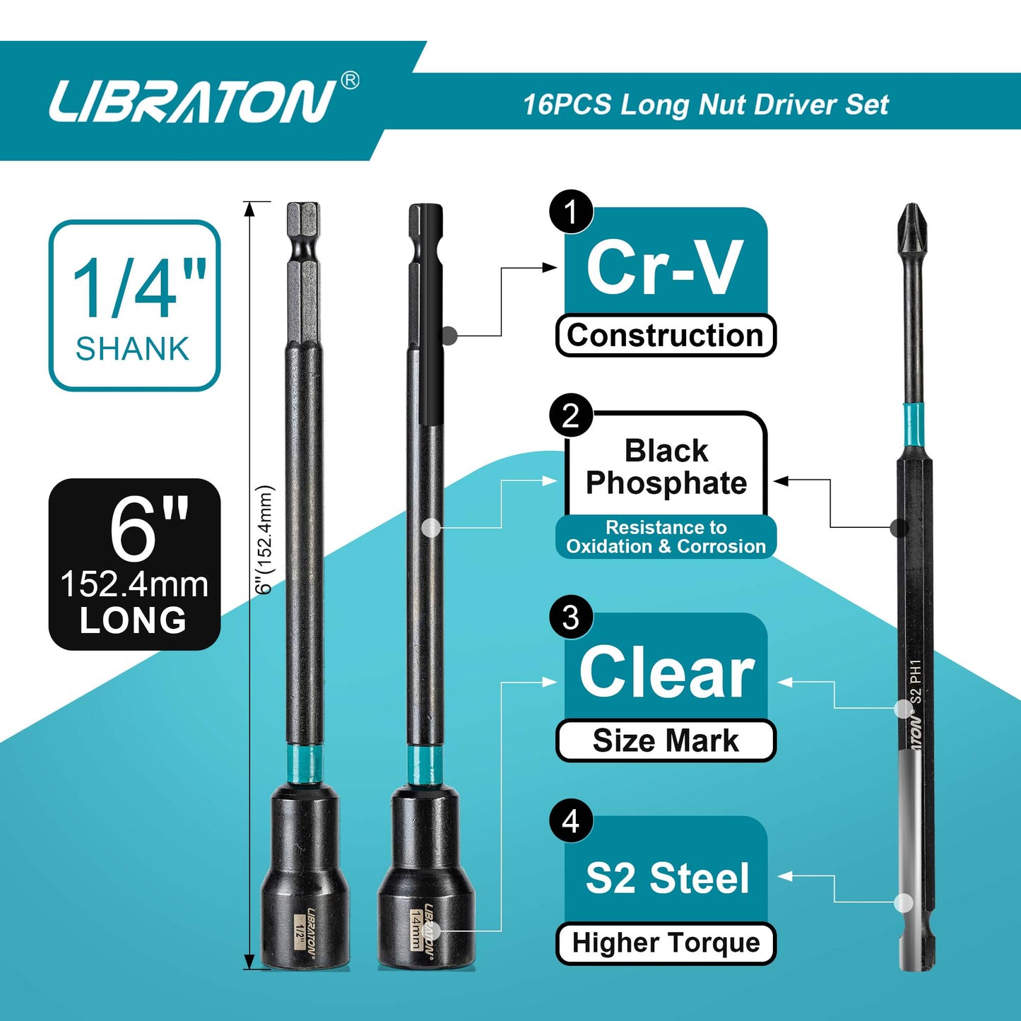 Libraton 16PCS Magnetic Nut Driver Set, 6" Long Metric & SAE Nut Drivers with PH Bits & Storage Bag