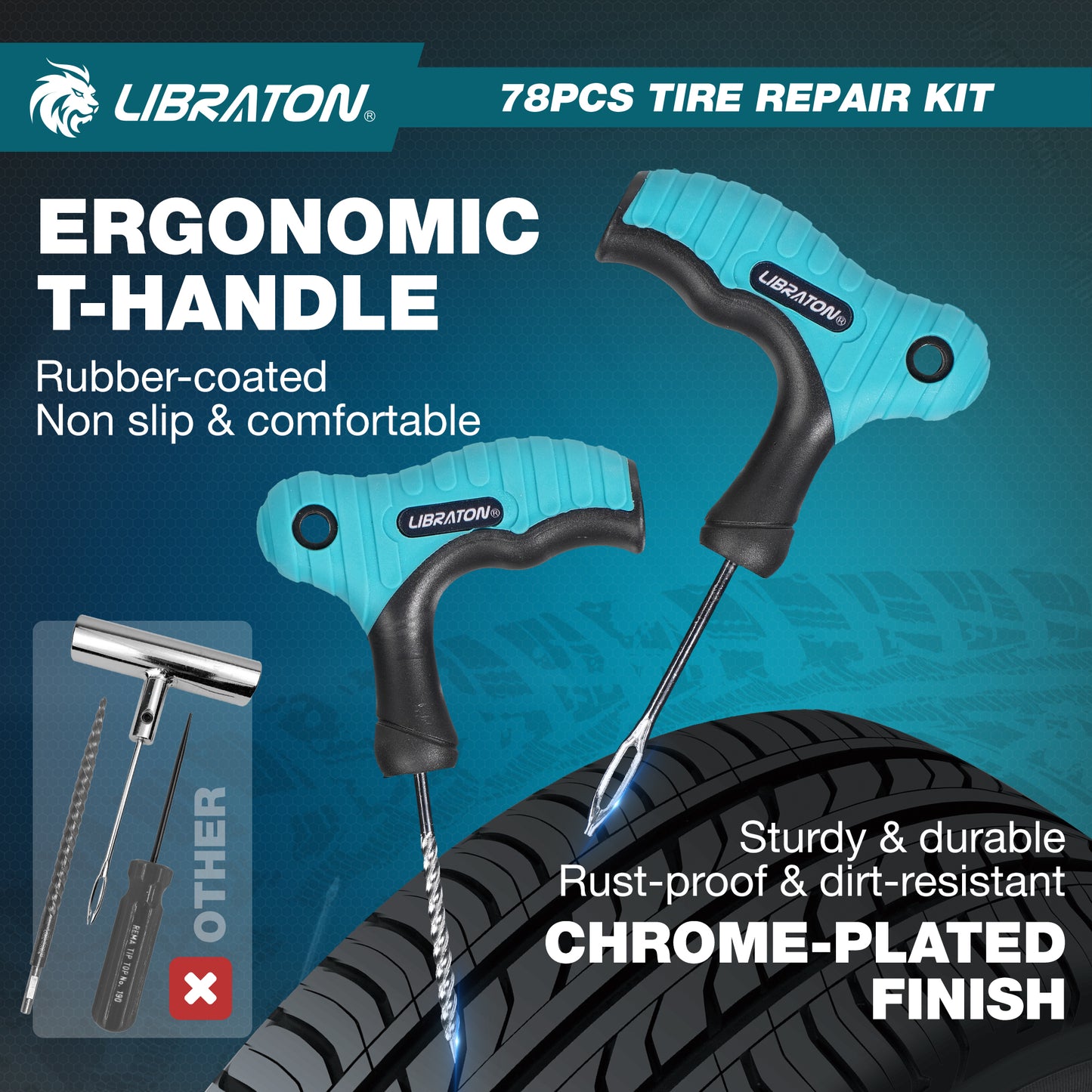 Libraton 78PCS Heavy-Duty Tire Repair Kit for Cars, Trucks, SUVs, ATVs & Motorcycles | Tubeless Tire Plug Kit