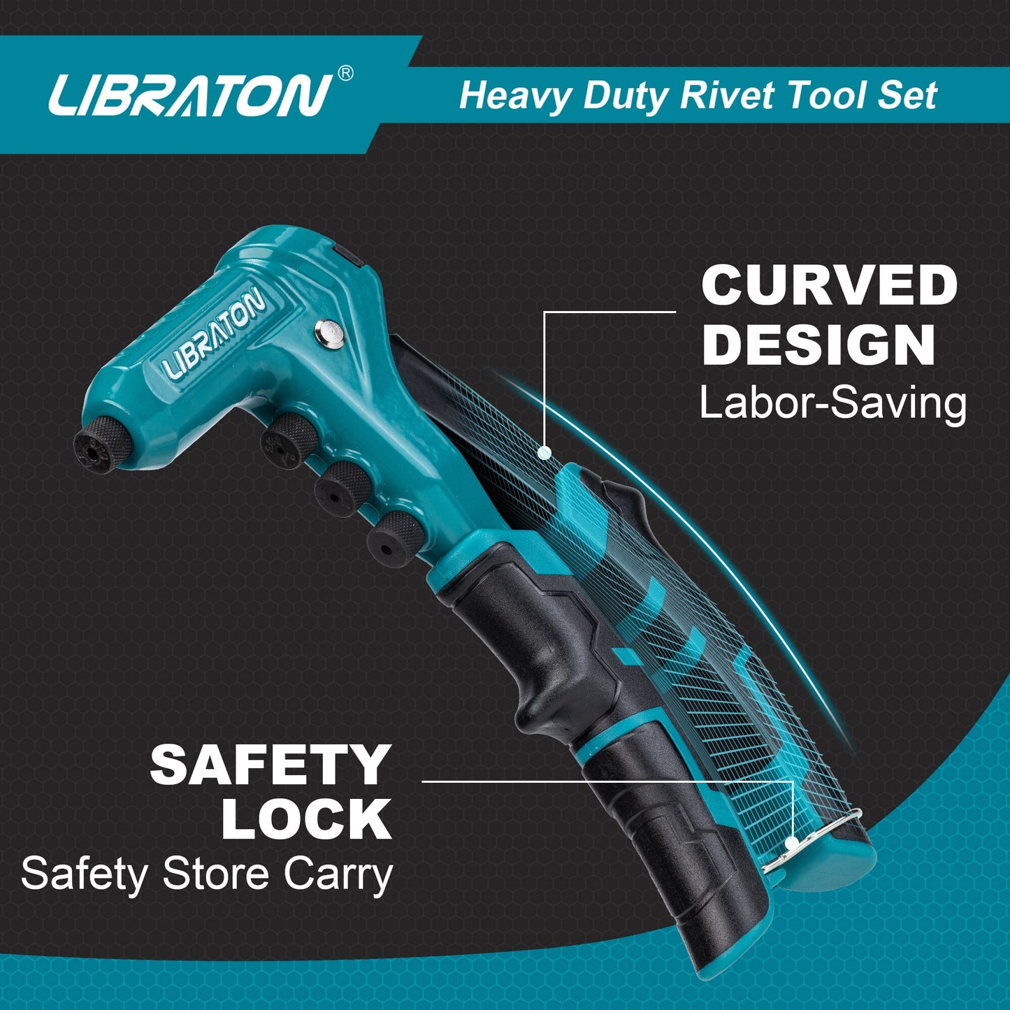 Libraton One-Handed Rivet Gun, Pop Rivet Gun Set, Professional Hand Riveter, Manual Riveting Tool with 200 Rivets for Metal, Includes 4 Drill Bits, 4 Tool-Free Interchangeable Heads, Storage Case