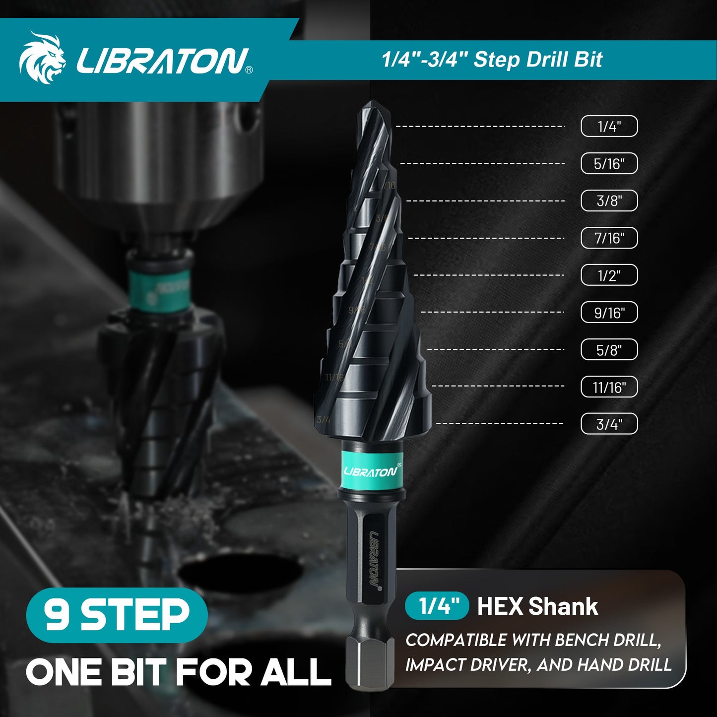 Libraton M35 Cobalt Step Drill Bit 1/4"-3/4", Four Spiral Flute Unibit