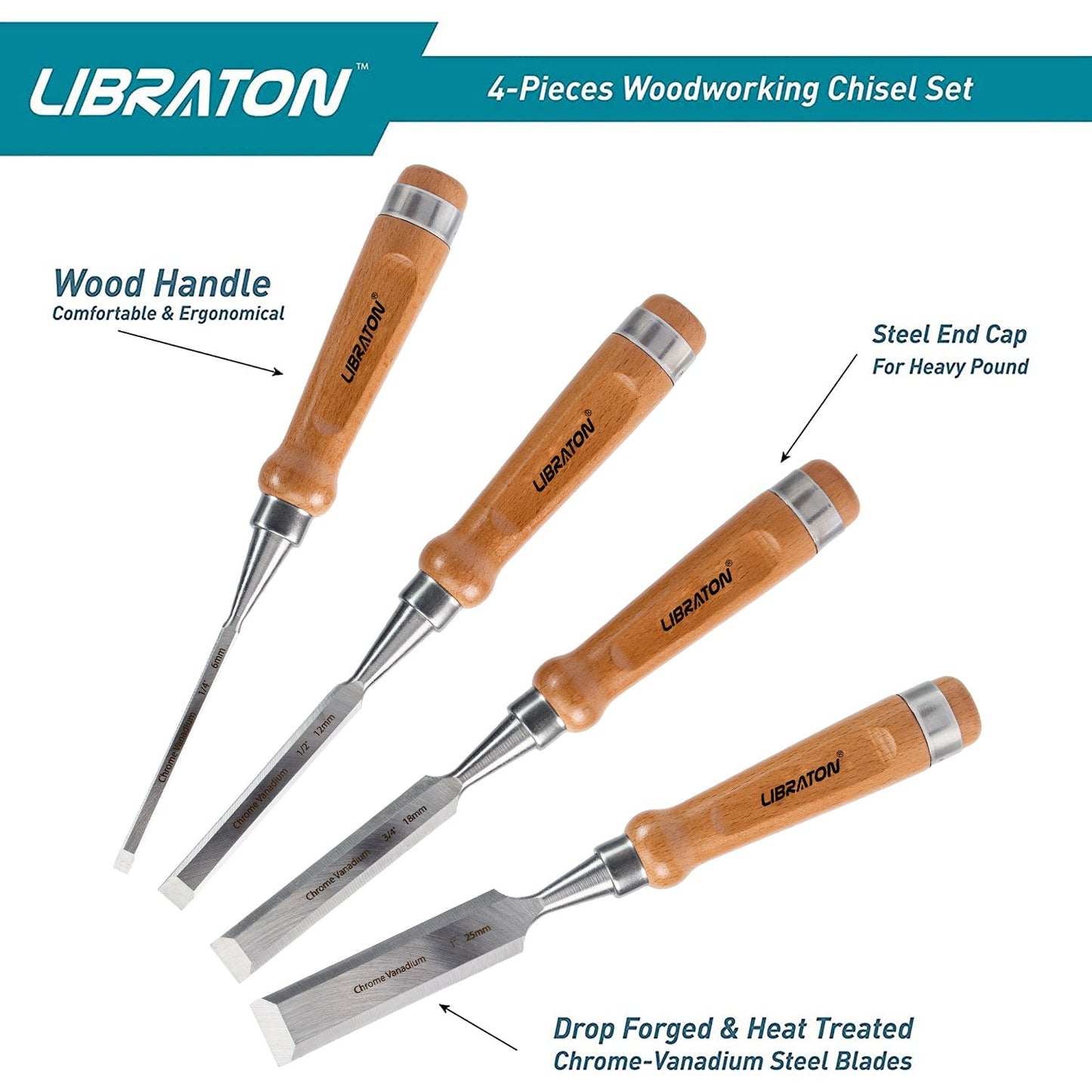 Libraton Chisel Set, 4PCS Wood Chisel Set with Bevel Edge and Ergonomic Handle for Woodworking, Wood Carving, and Sculpting