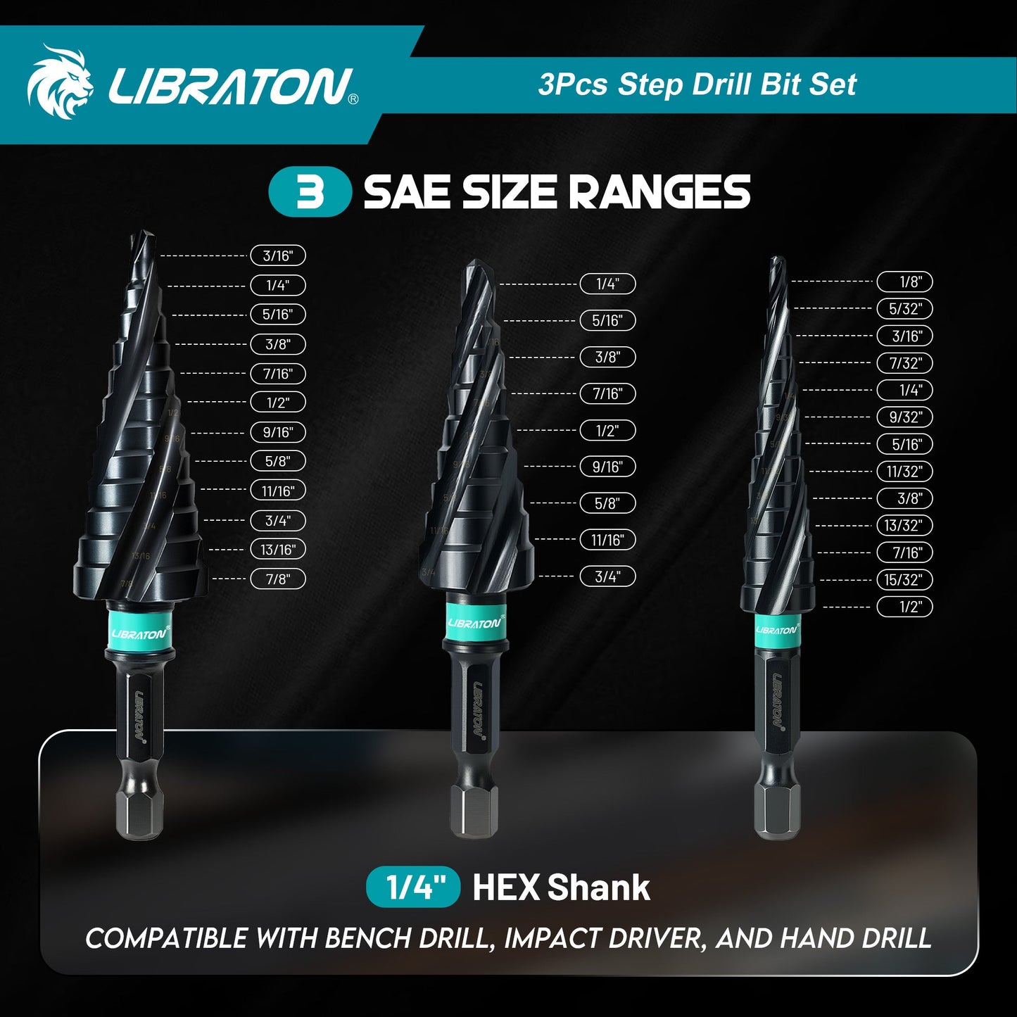 Libraton 3PCS M35 Cobalt Step Drill Bit Set with Four Spiral Flute, AlTiN Coated