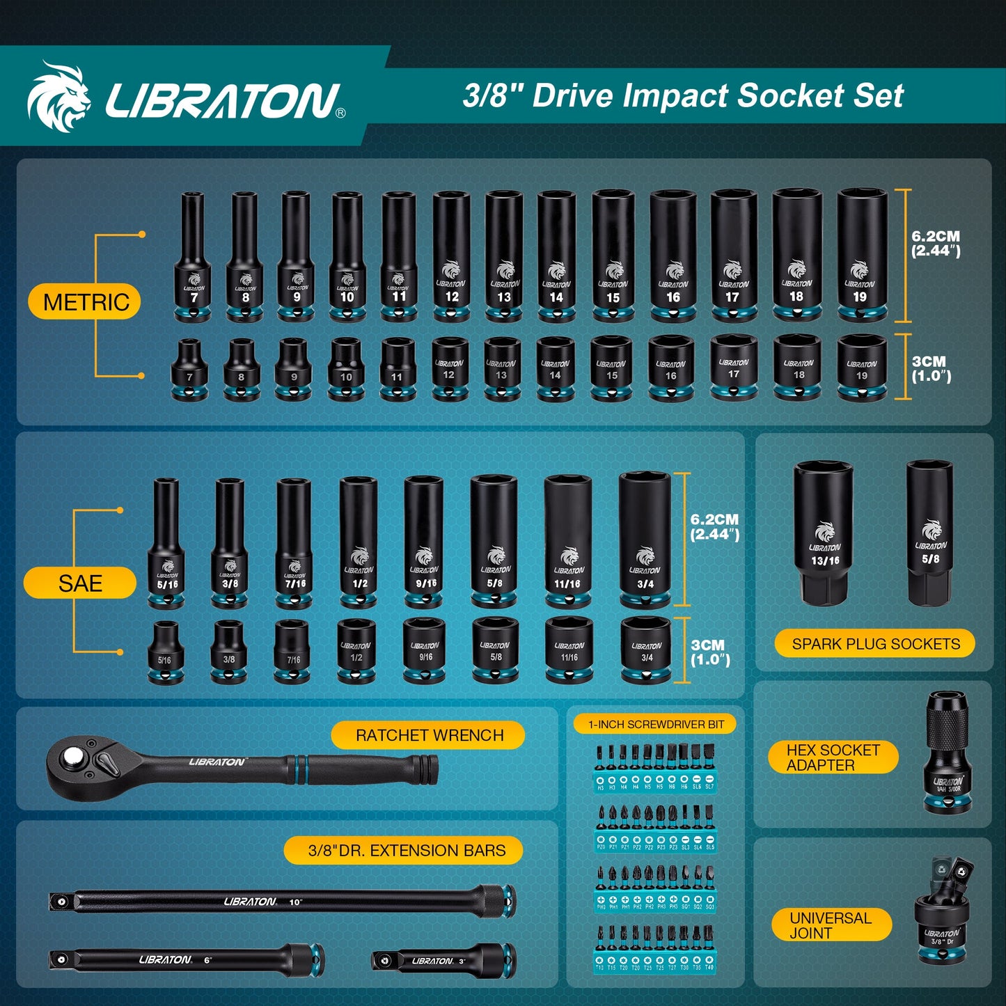 Libraton 90PCS 3/8" Drive Master Impact Socket & Ratchet Set
