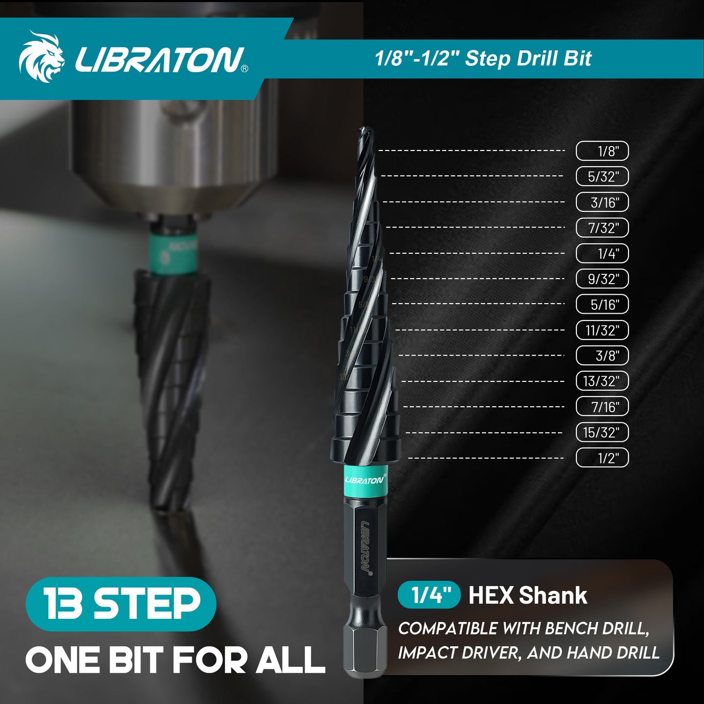 Libraton M35 Cobalt Step Drill Bit 1/8"-1/2", Four Spiral Flute Unibit