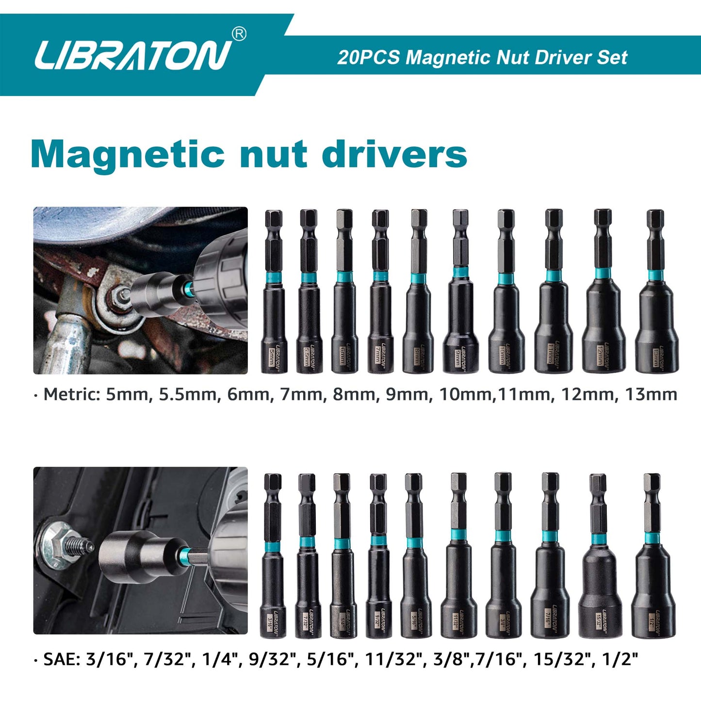 Libraton 20PCS Magnetic Nut Driver Set, Impact Grade Metric & SAE Bit Set