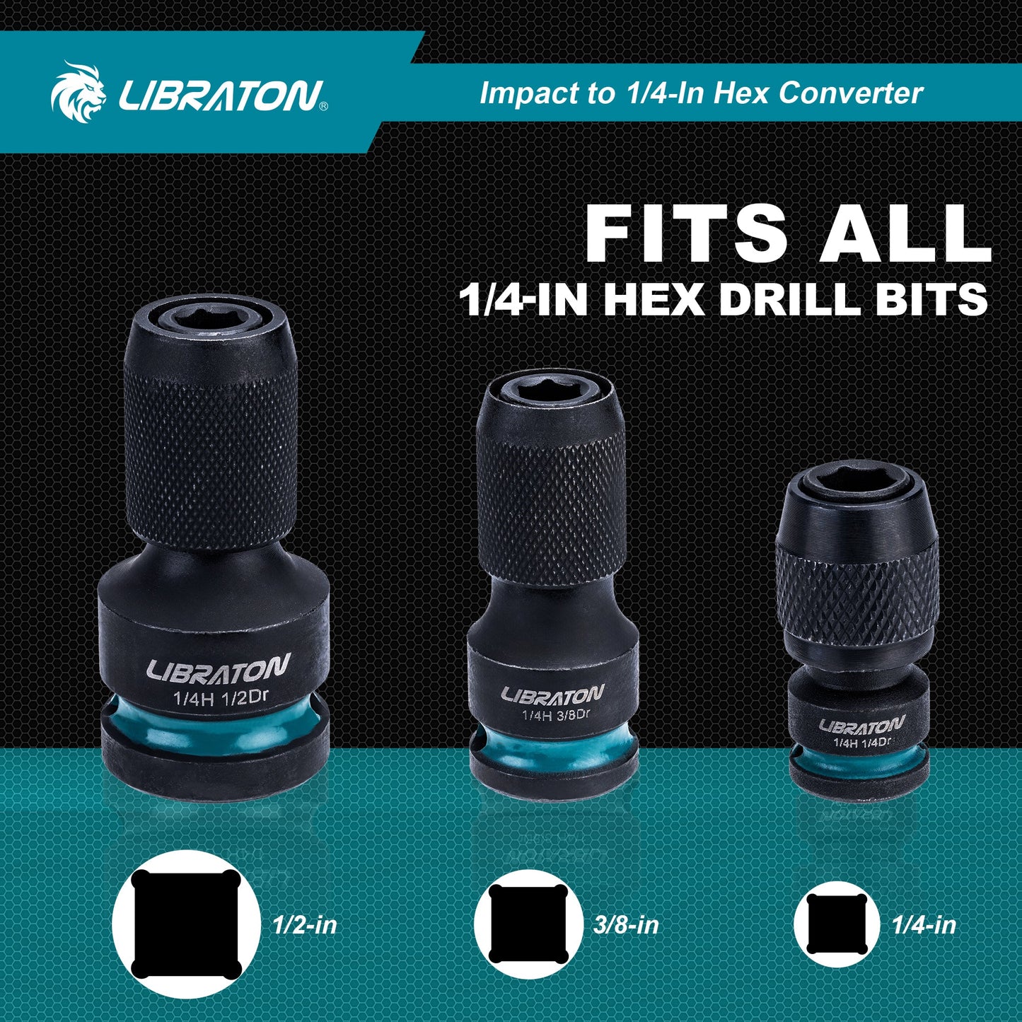 LIBRATON Impact Socket to 1/4" Hex Adapter Set – 1/2", 3/8", 1/4" Drive Converters