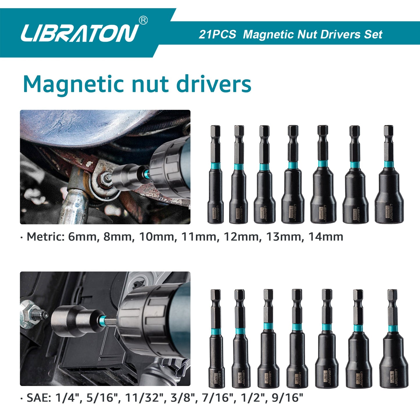 Libraton 21PCS Magnetic Nut Driver Set, Impact Grade Metric & SAE Bit Set