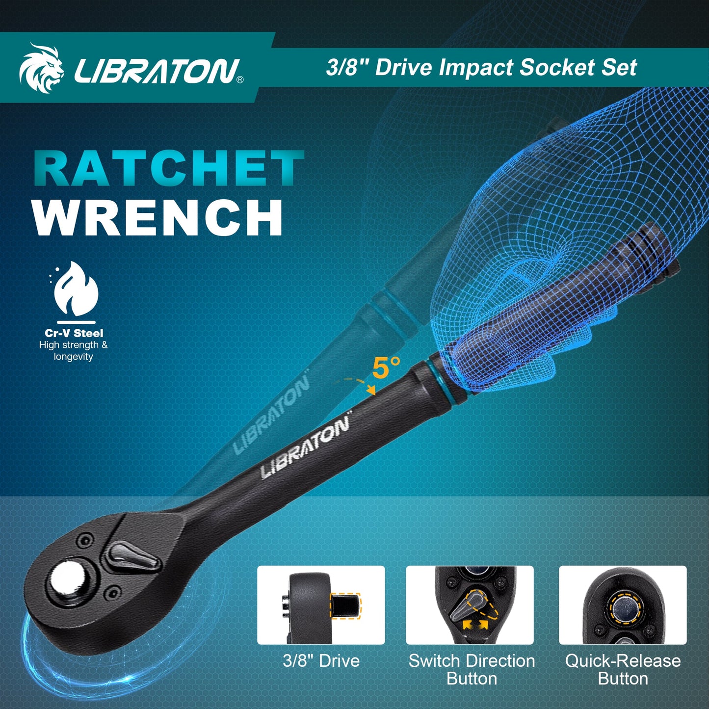 Libraton 90PCS 3/8" Drive Master Impact Socket & Ratchet Set