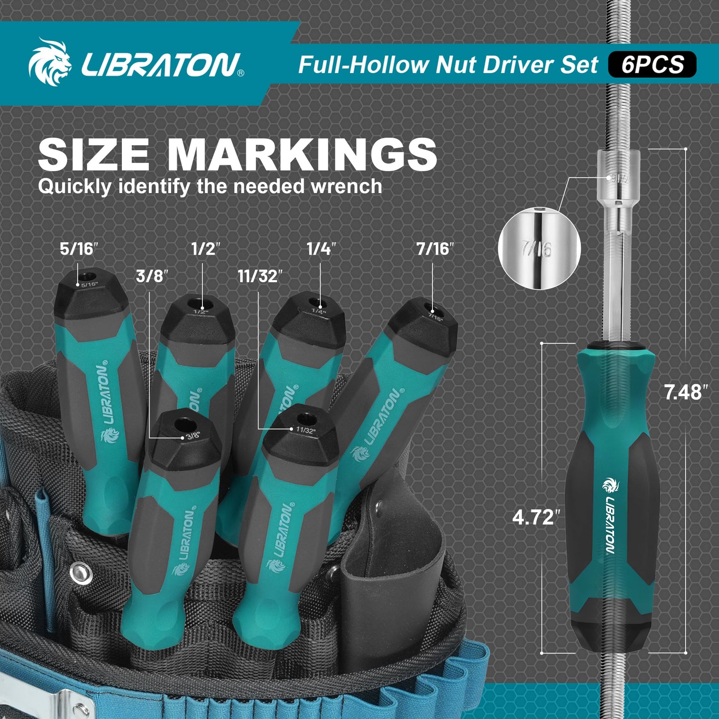 LIBRATON 6-Pc SAE Full-Hollow Nut Drivers – 12-Point Magnetic, 1/4" to 1/2" (6 Sizes), Long-Bolt Ready