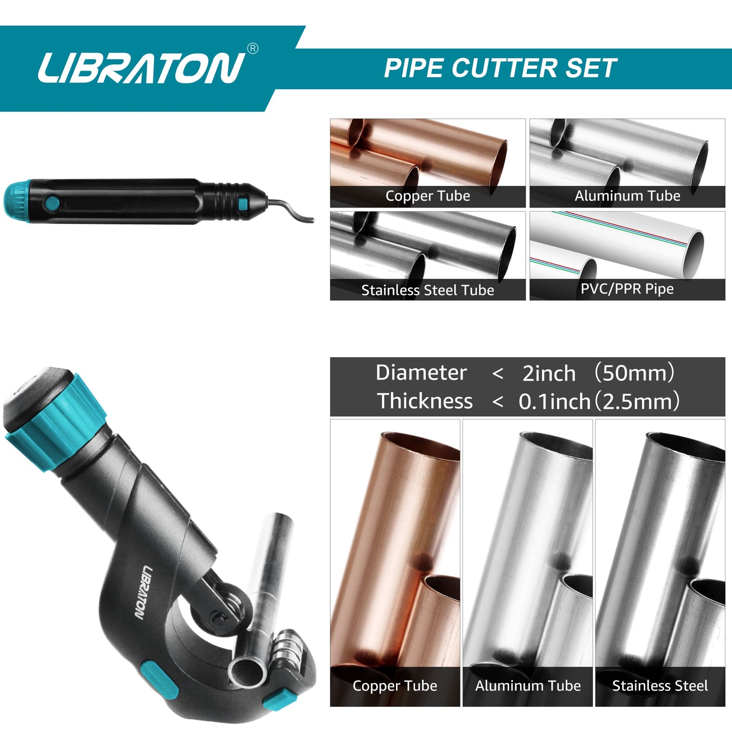 Libraton Pipe Cutter – 3/16"–2", Copper & Thin Steel, with Deburrer