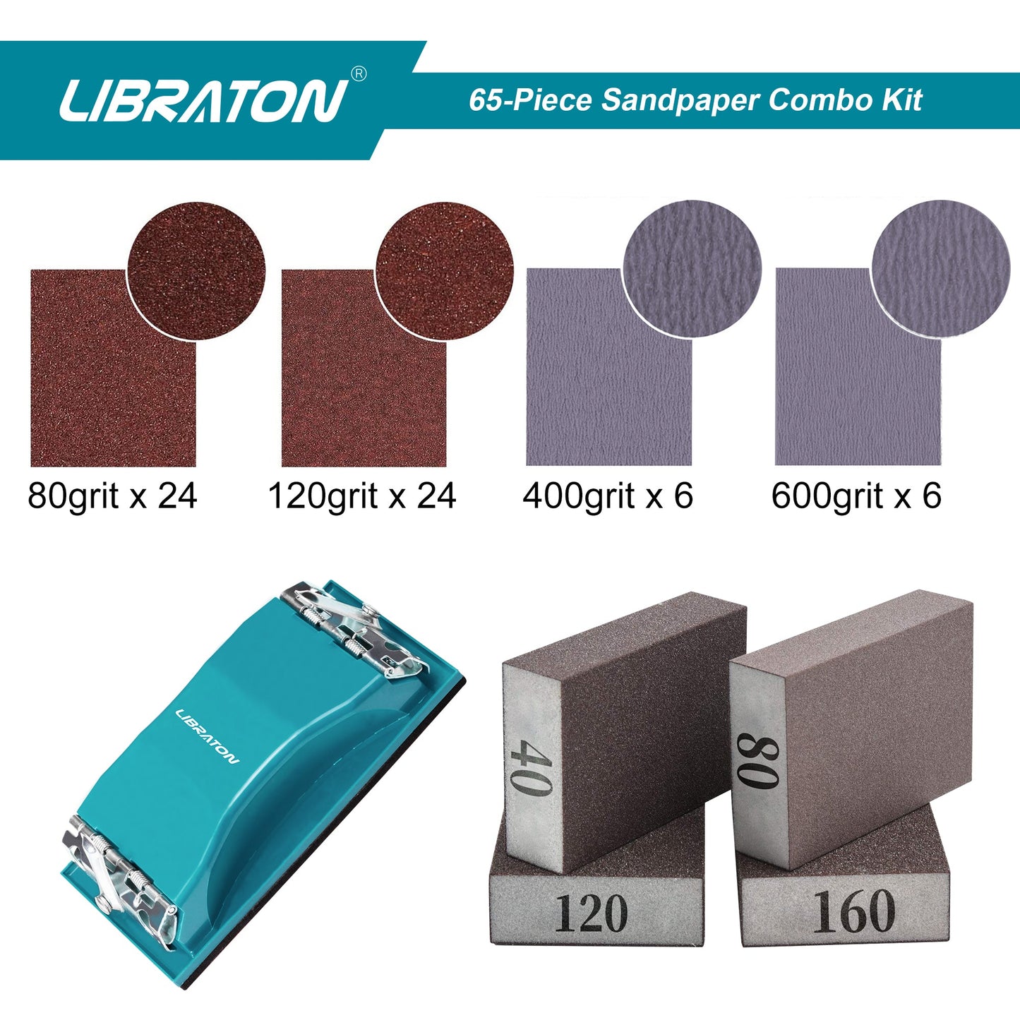 Libraton 65PCS Sandpaper Assortment Kit with Sanding Block & Sponges