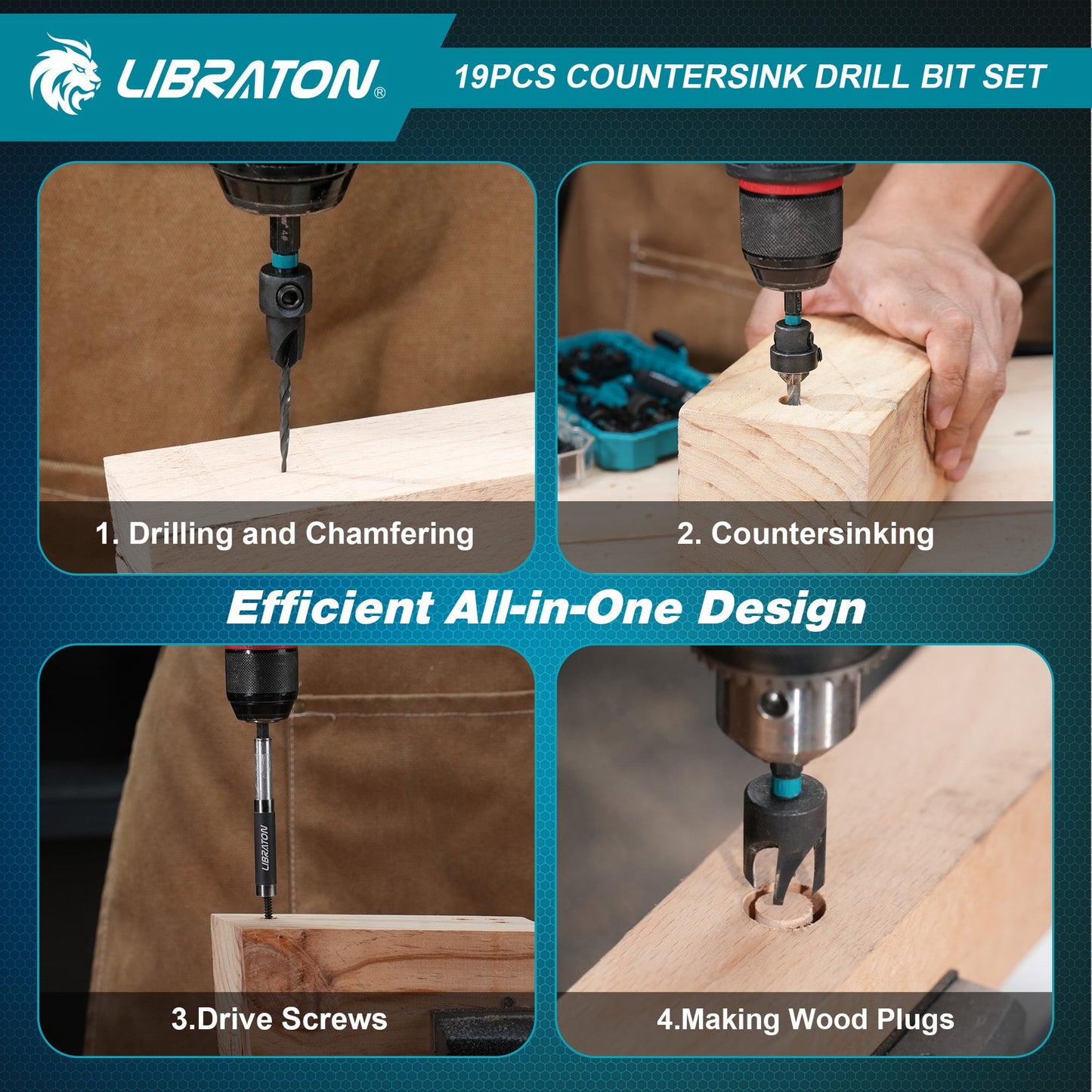 Libraton 19PCS Tapered Countersink Drill Bit Set for Woodworking