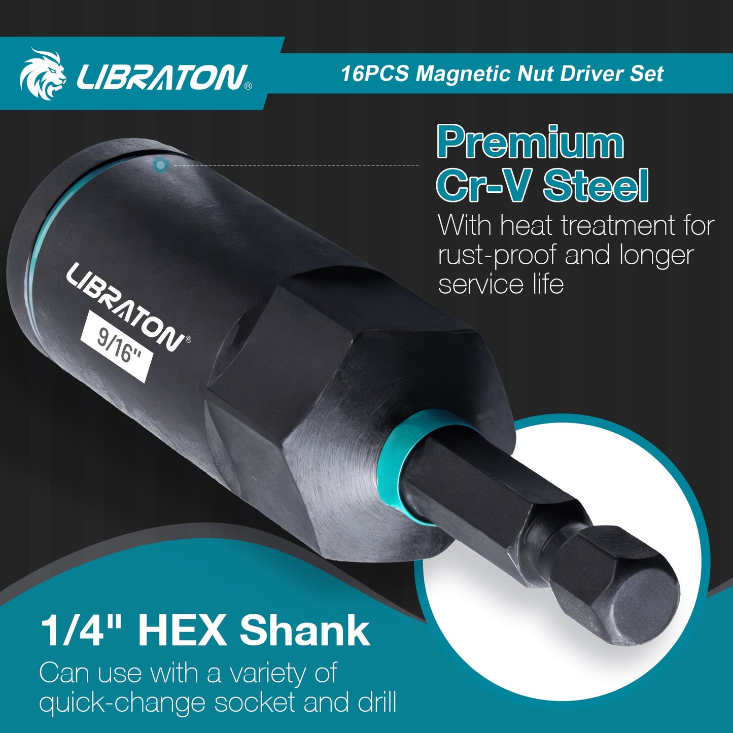 LIBRATON 16-Piece Magnetic Nut Driver Set, 1/4"-9/16" SAE&Metric, Car Repair Kit