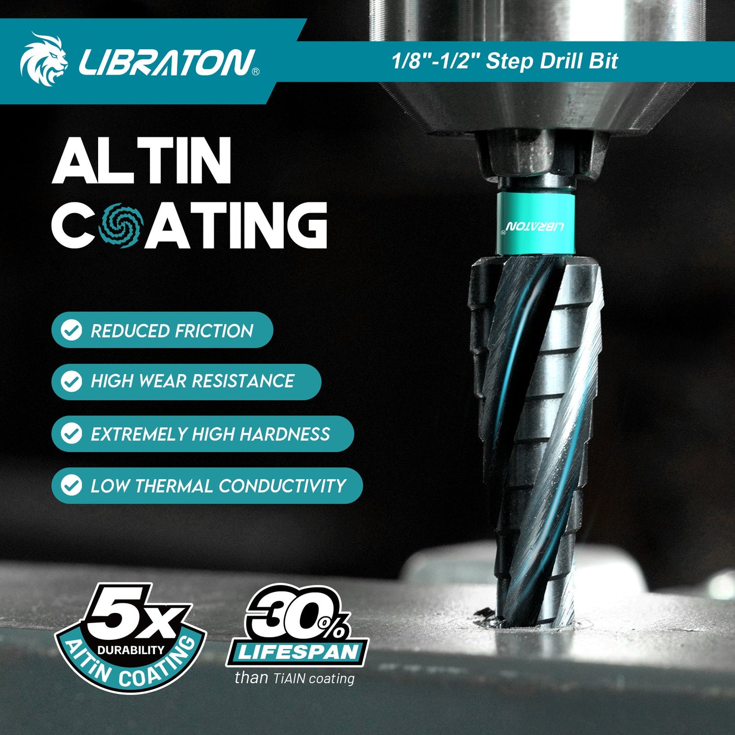 Libraton M35 Cobalt Step Drill Bit 1/8"-1/2", Four Spiral Flute Unibit