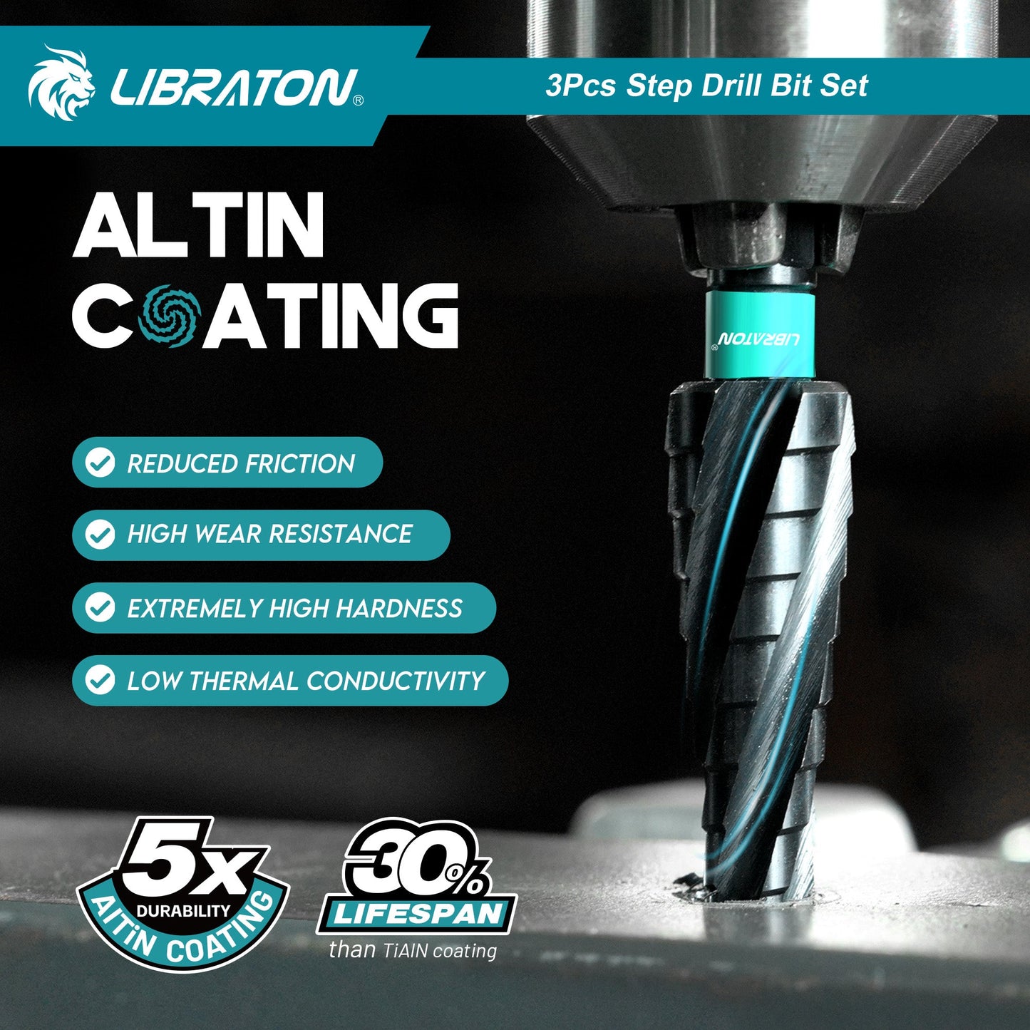 Libraton 3PCS M35 Cobalt Step Drill Bit Set with Four Spiral Flute, AlTiN Coated
