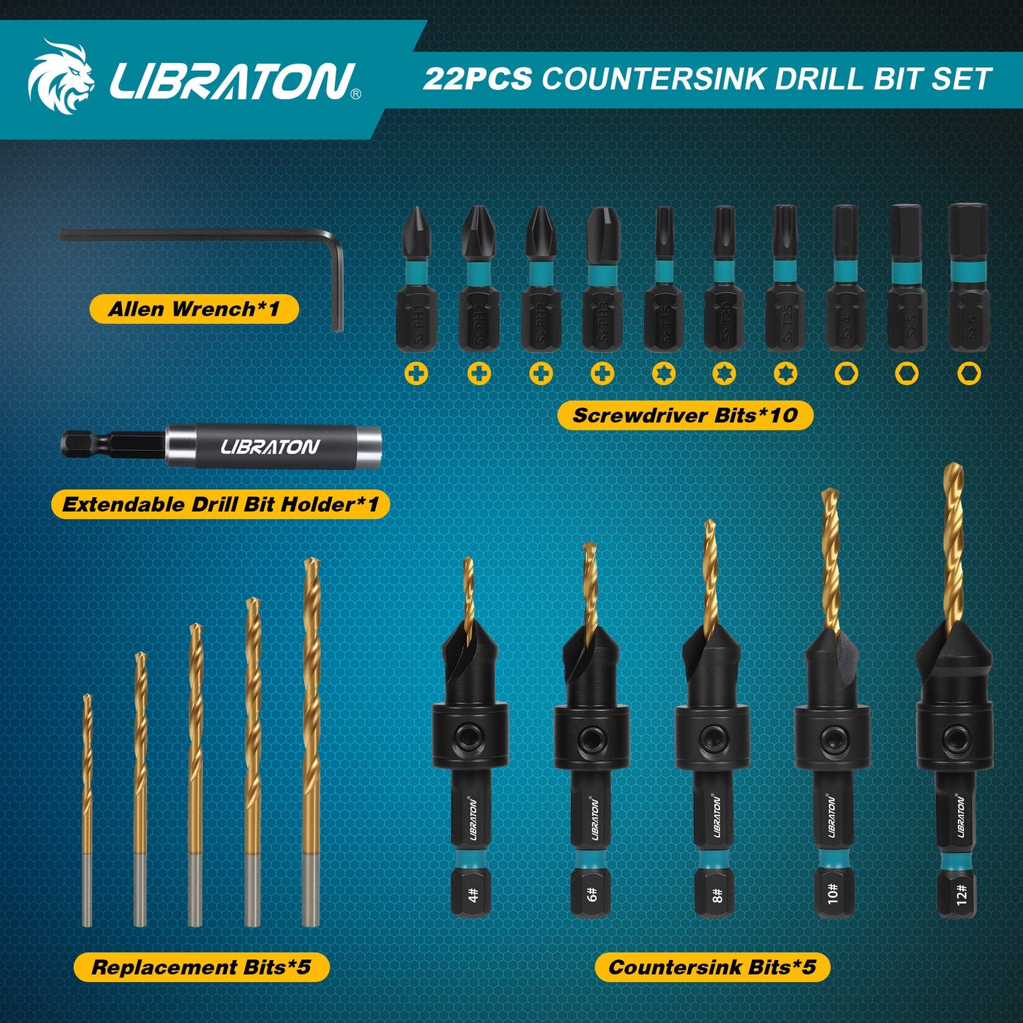Libraton 22PCS Adjustable Countersink Drill Bit Set, #4 #6 #8 #10 #12