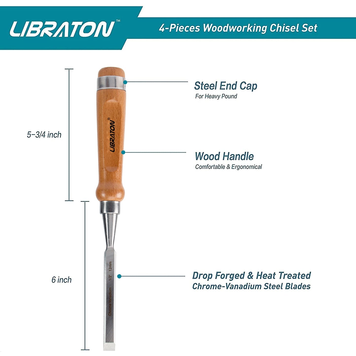 Libraton Chisel Set, 4PCS Wood Chisel Set with Bevel Edge and Ergonomic Handle for Woodworking, Wood Carving, and Sculpting