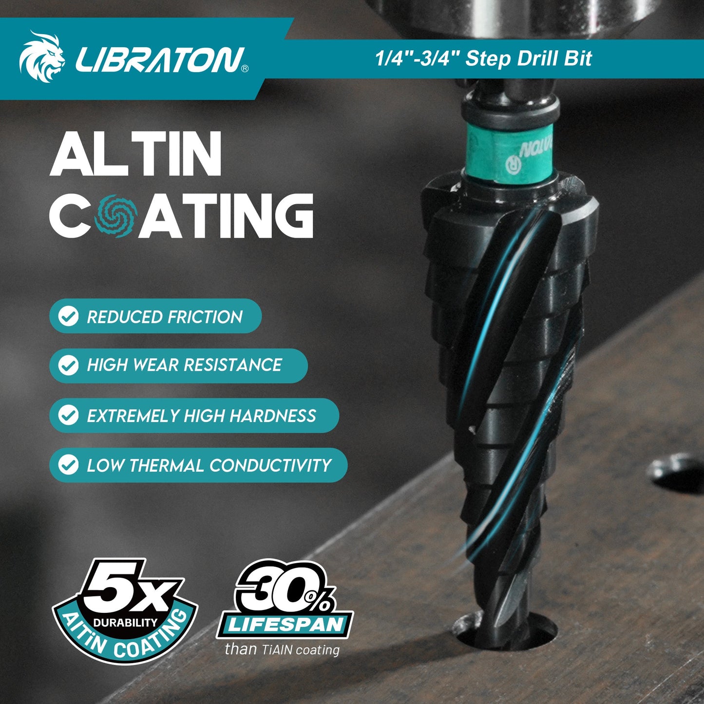 Libraton M35 Cobalt Step Drill Bit 1/4"-3/4", Four Spiral Flute Unibit