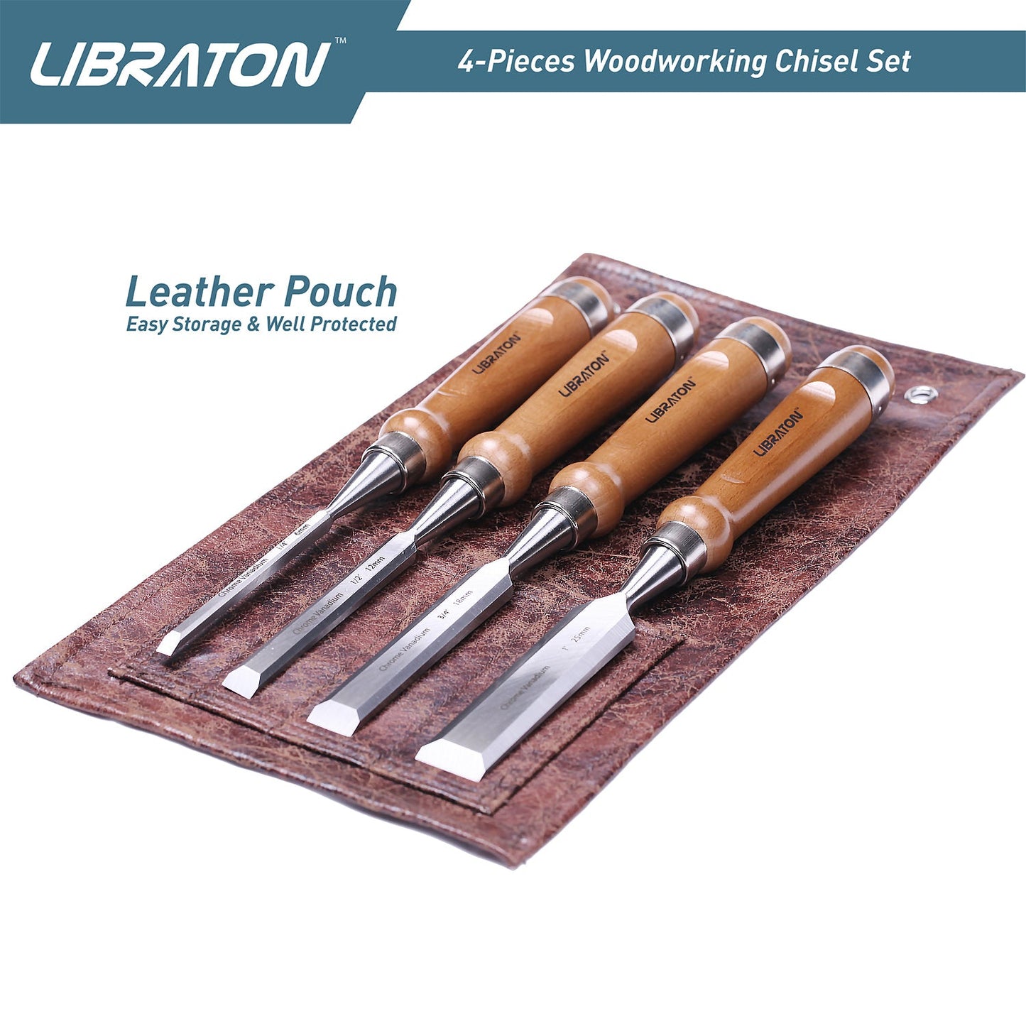 Libraton Chisel Set, 4PCS Wood Chisel Set with Bevel Edge and Ergonomic Handle for Woodworking, Wood Carving, and Sculpting