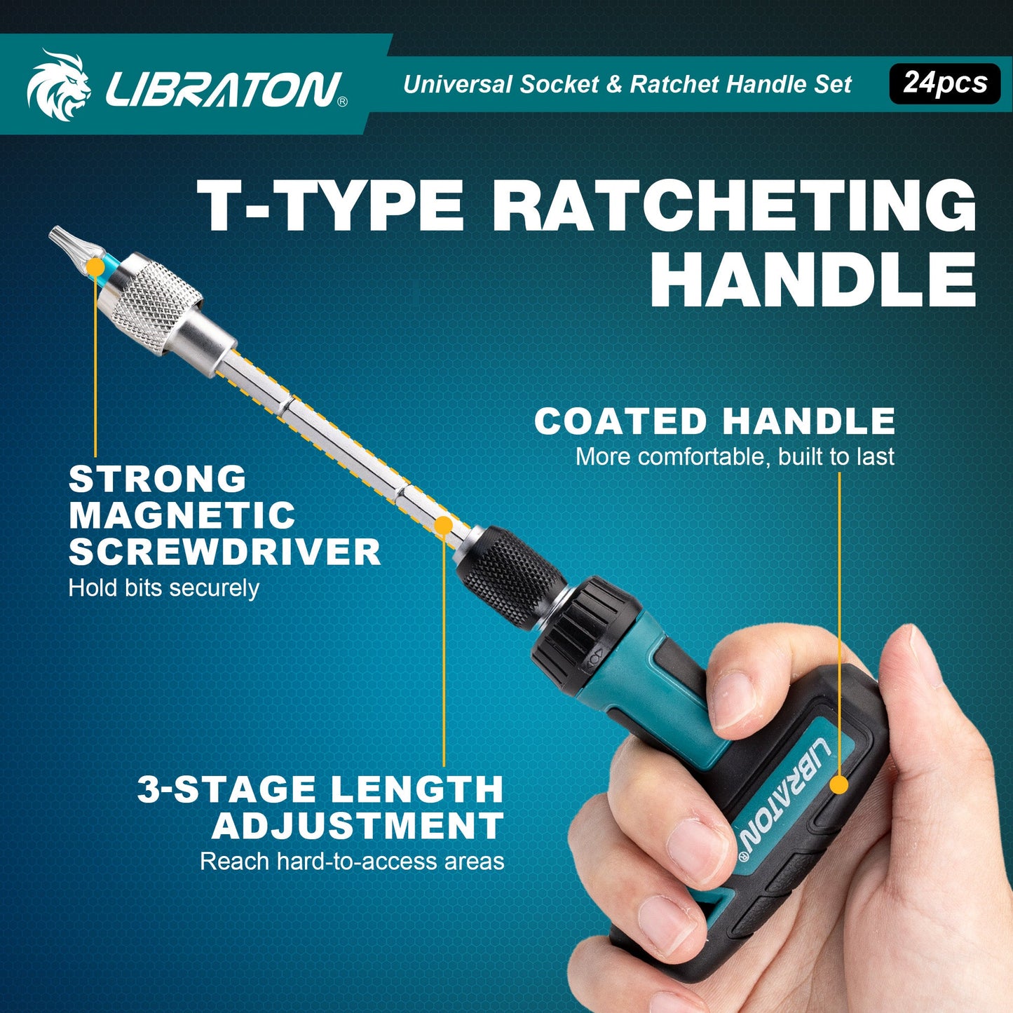Libraton 24PCS Universal Socket & Ratchet T-Handle Master Set - Product Description