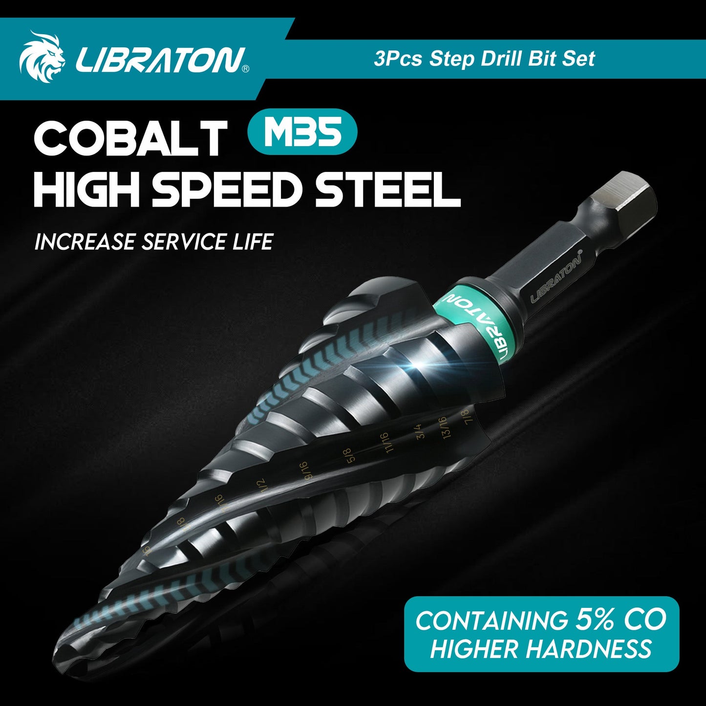 Libraton 3PCS M35 Cobalt Step Drill Bit Set with Four Spiral Flute, AlTiN Coated