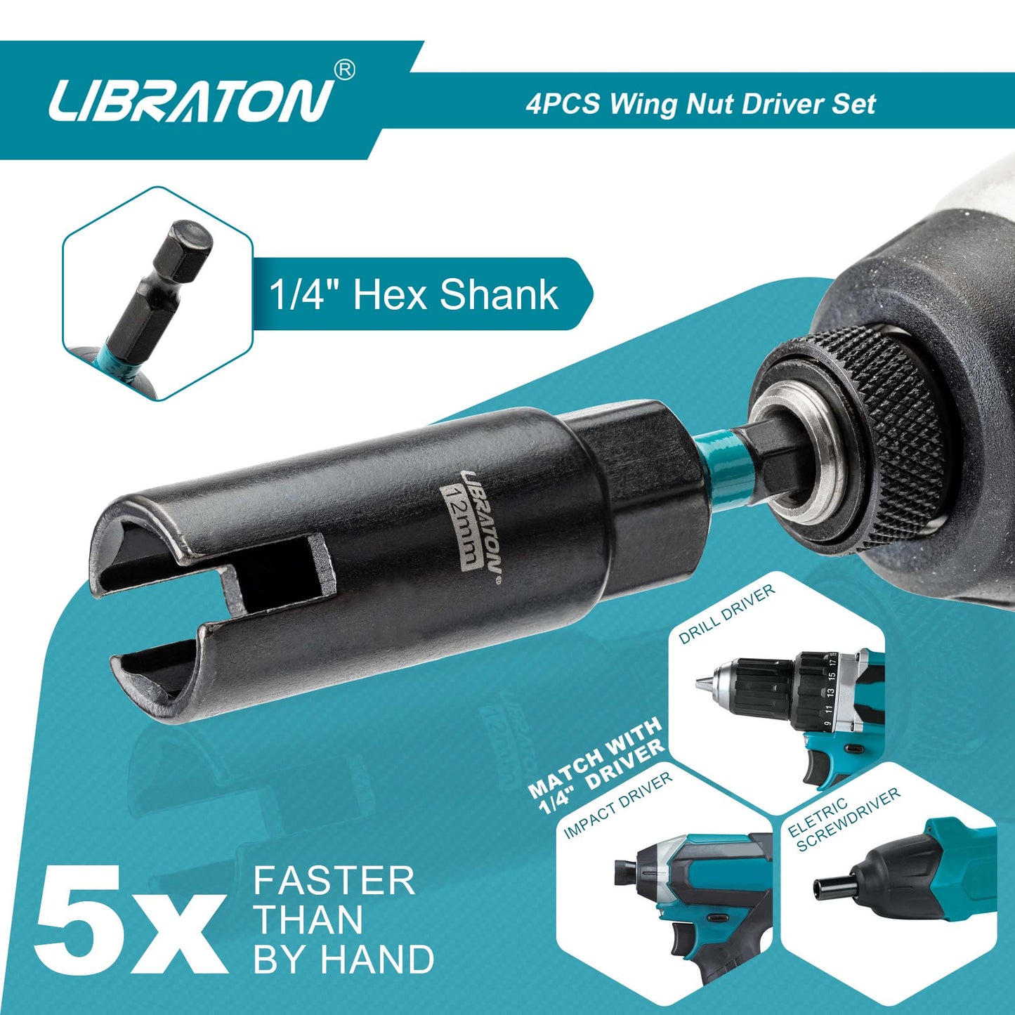 Libraton 4PCS Wing Nut Driver Set, 1/4" Hex Shank 9mm-18mm with EVA Case