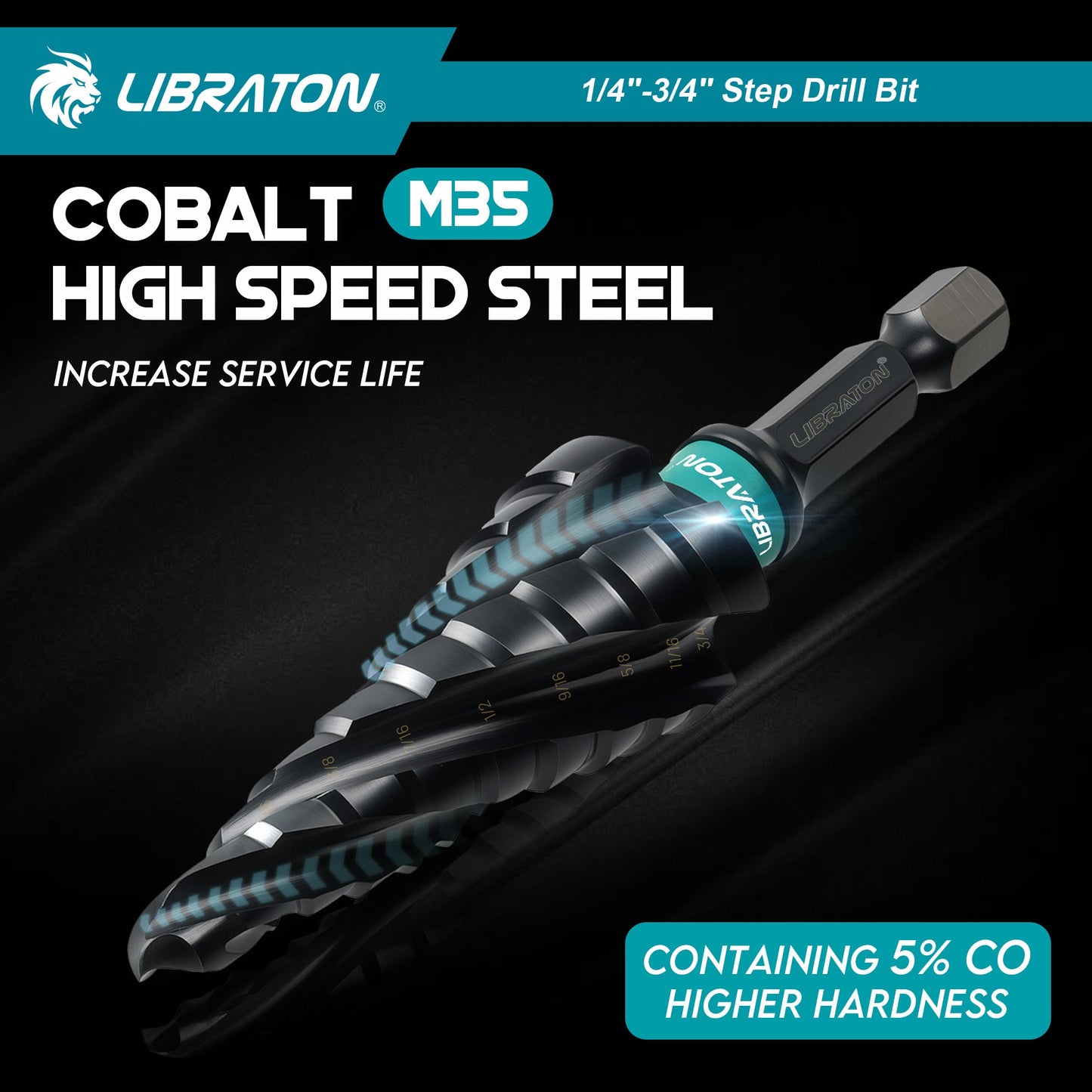 Libraton M35 Cobalt Step Drill Bit 1/4"-3/4", Four Spiral Flute Unibit