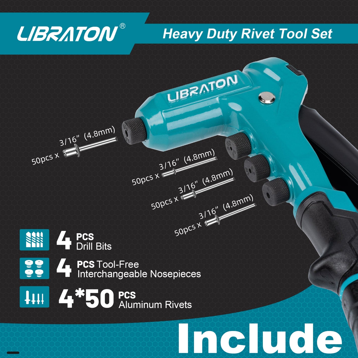 Libraton One-Handed Rivet Gun, Pop Rivet Gun Set, Professional Hand Riveter, Manual Riveting Tool with 200 Rivets for Metal, Includes 4 Drill Bits, 4 Tool-Free Interchangeable Heads, Storage Case