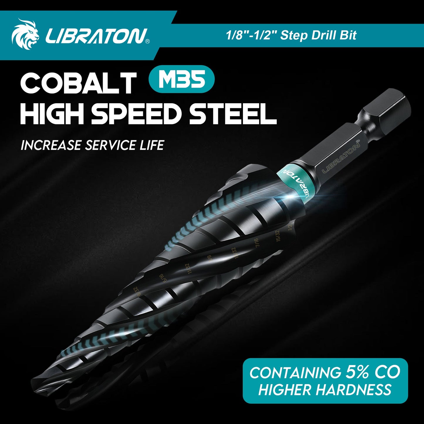 Libraton M35 Cobalt Step Drill Bit 1/8"-1/2", Four Spiral Flute Unibit