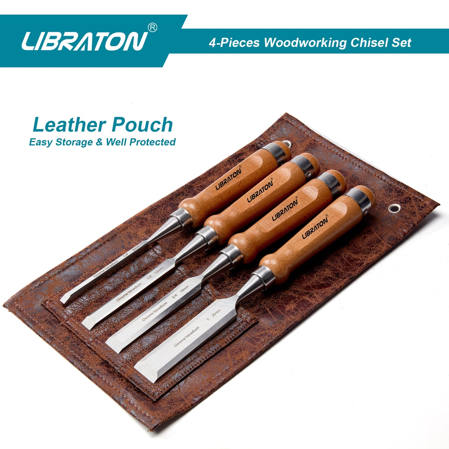 Libraton Chisel Set, 4PCS Wood Chisel Set with Bevel Edge and Ergonomic Handle for Woodworking, Wood Carving, and Sculpting