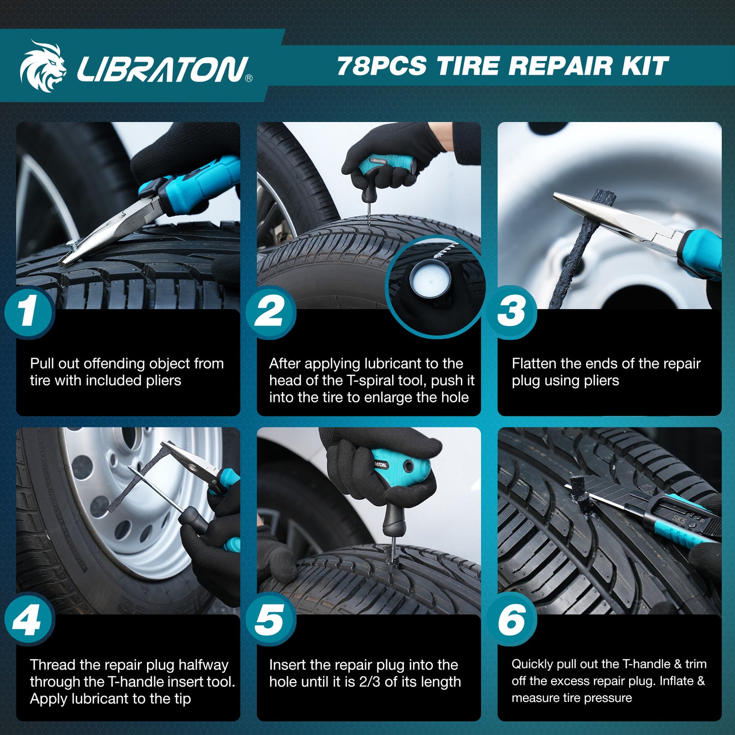 Libraton 78PCS Heavy-Duty Tire Repair Kit for Cars, Trucks, SUVs, ATVs & Motorcycles | Tubeless Tire Plug Kit