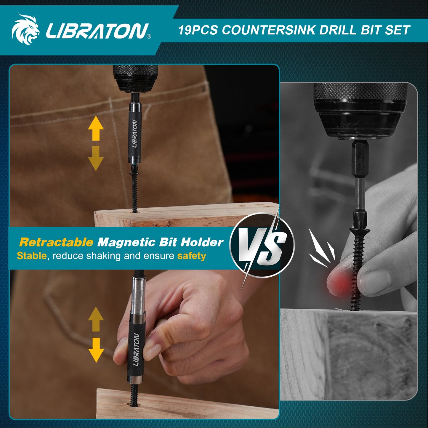 Libraton 19PCS Tapered Countersink Drill Bit Set for Woodworking
