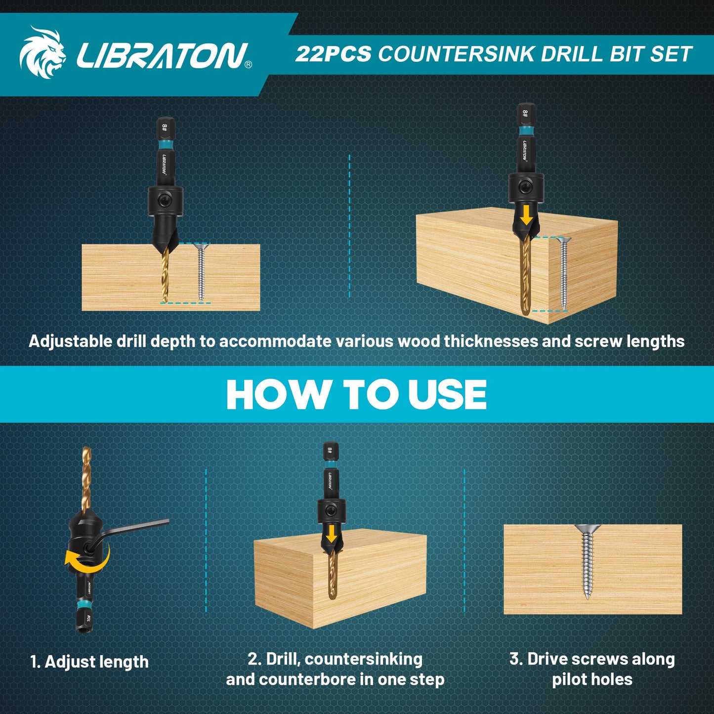 Libraton 22PCS Adjustable Countersink Drill Bit Set, #4 #6 #8 #10 #12