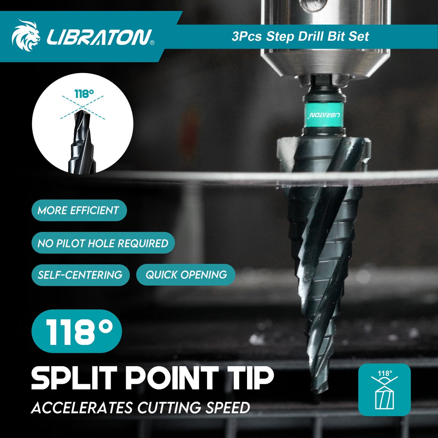Libraton 3PCS M35 Cobalt Step Drill Bit Set with Four Spiral Flute, AlTiN Coated